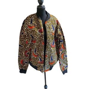 Fully Reversible Madame Dakar Mushroom African Print Wax Cloth Bomber Jacket XL